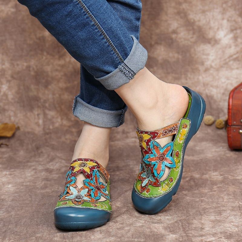 Håndlavet Læder Besat Med Blomster-slip-on Flade Slides Mules Træsko Sandaler