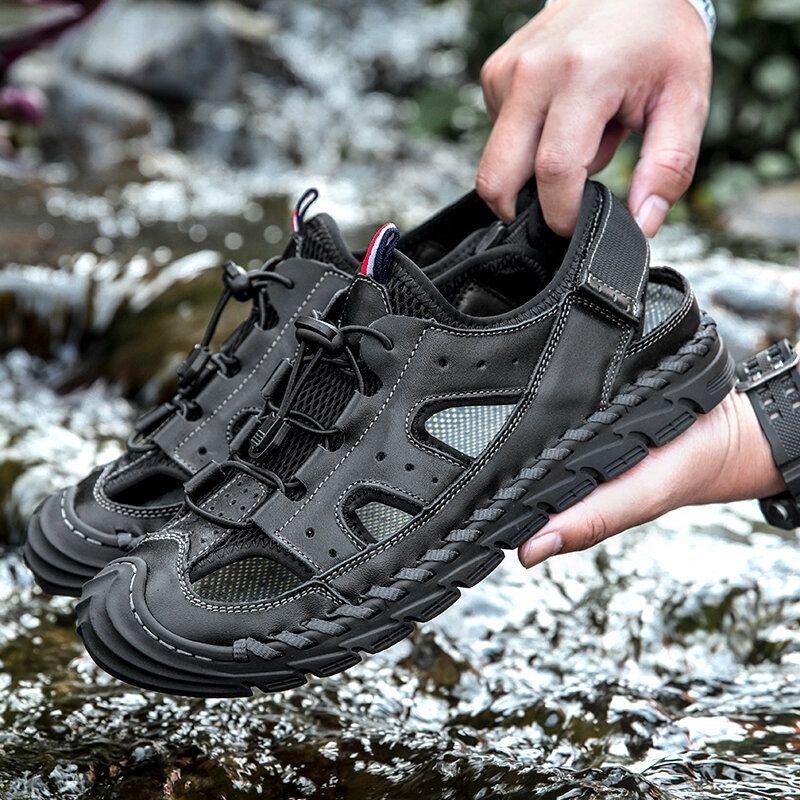 Herre Koskind Læder Åndbar Mesh Håndsyning Skridsikre Bløde Casual Outdoor Sandaler