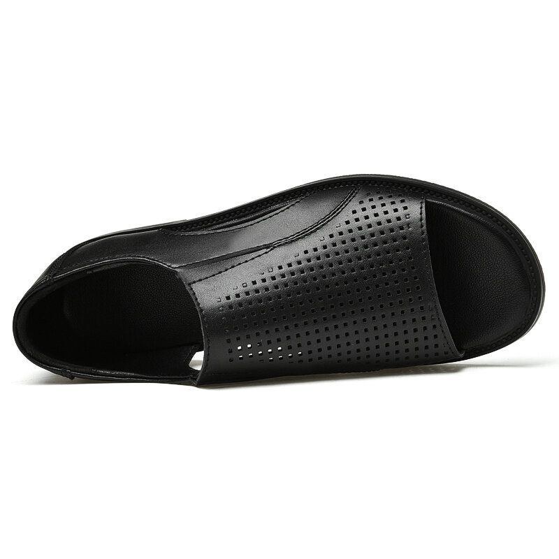 Herre Koskind Læder Åndbar Udhulet Blød Bund Åbnet Tå Slip-on Afslappede Sandaler