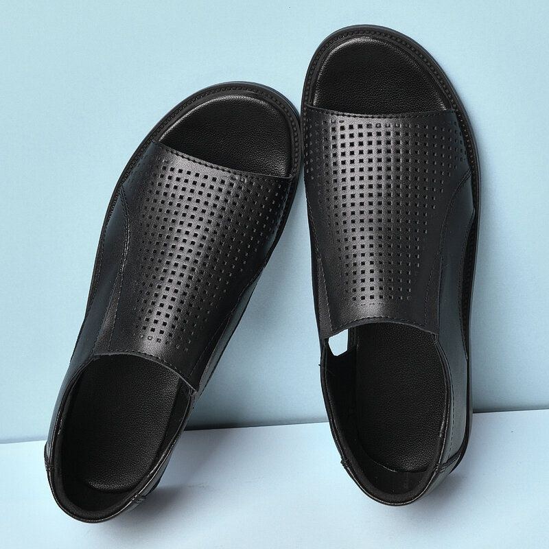 Herre Koskind Læder Åndbar Udhulet Blød Bund Åbnet Tå Slip-on Afslappede Sandaler