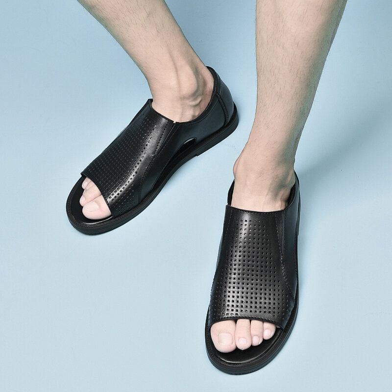 Herre Koskind Læder Åndbar Udhulet Blød Bund Åbnet Tå Slip-on Afslappede Sandaler