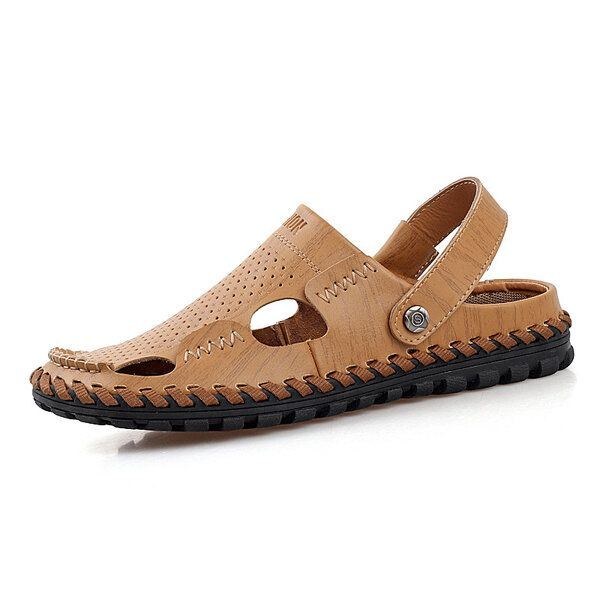 Herre Sommer Læder Sandal Casual Rund Tå Udendørs Flad Mode Blød Strand Hjemmesko