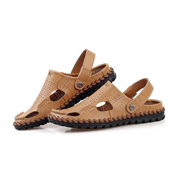 Herre Sommer Læder Sandal Casual Rund Tå Udendørs Flad Mode Blød Strand Hjemmesko