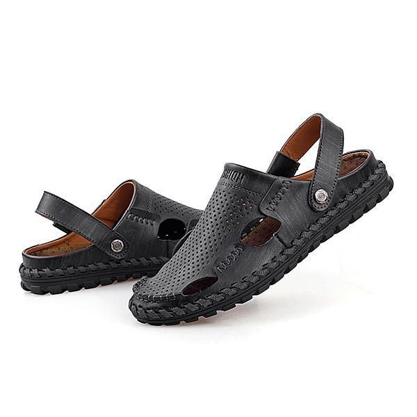 Herre Sommer Læder Sandal Casual Rund Tå Udendørs Flad Mode Blød Strand Hjemmesko