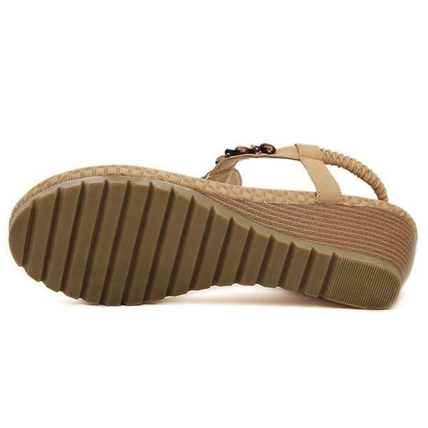 Kvinders Bohemia Bead Wedge Strandsandaler Slip On Flip Flops Elastiske Peep Toe Kiler
