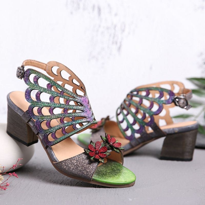 Kvinders Læderblomsterudskæringer Sommerfuglevinger Spænde Slingback Blokhælsandaler