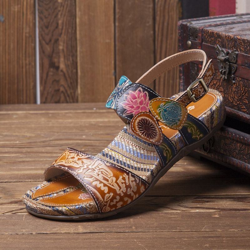 Kvinders Retro Flower Printing Læder Comfy Flat Stripe Sandaler