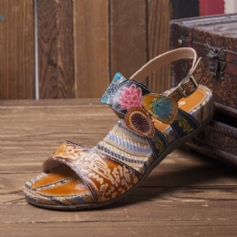 Kvinders Retro Flower Printing Læder Comfy Flat Stripe Sandaler