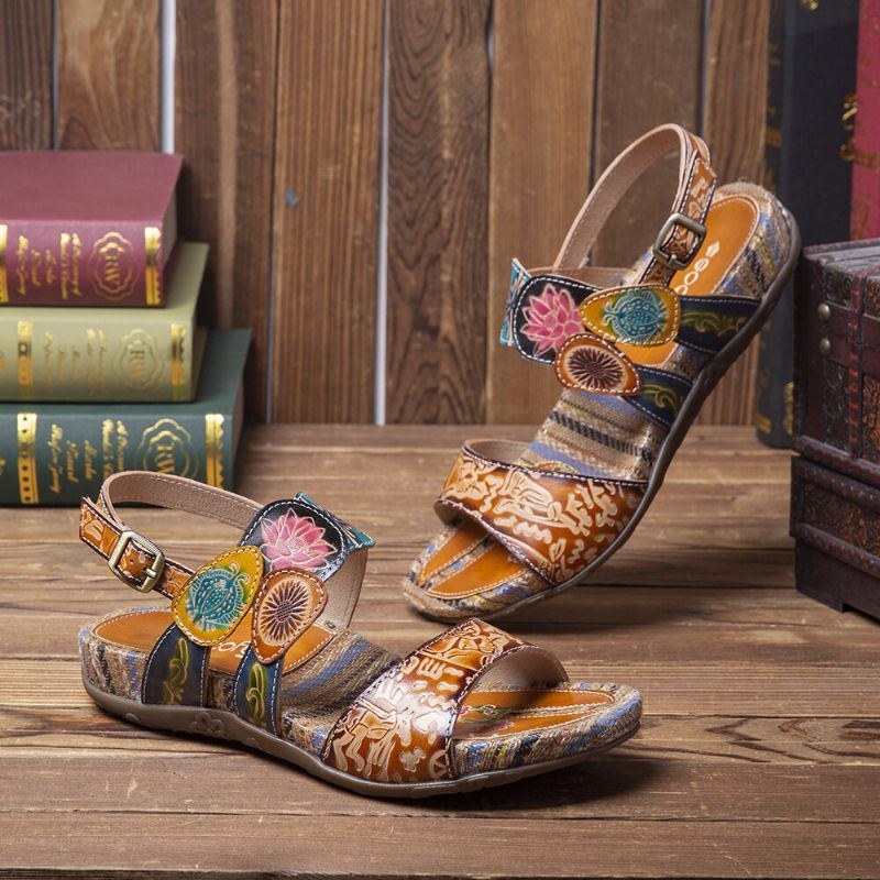 Kvinders Retro Flower Printing Læder Comfy Flat Stripe Sandaler
