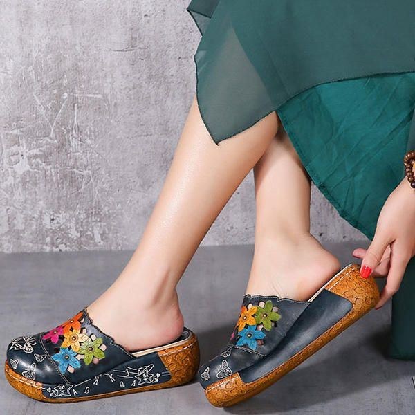 Originale Flower Wedge Retro Ægte Lædersko Til Kvinder