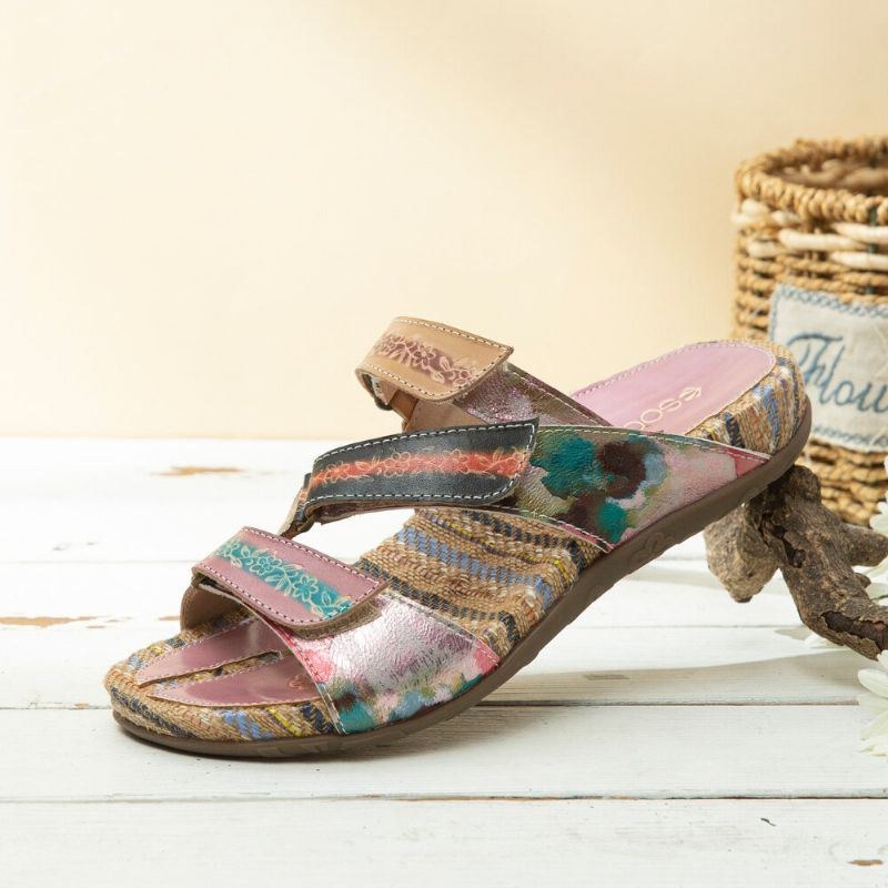 Retro Blomsterprint Til Kvinder Læder Behagelige Fladstribede Sandaler