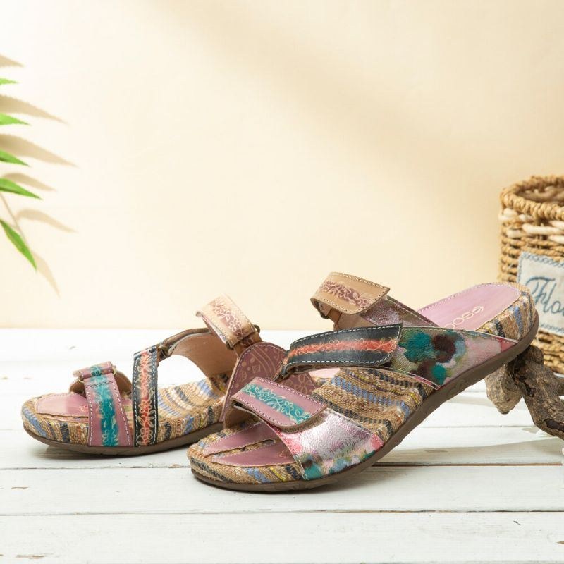 Retro Blomsterprint Til Kvinder Læder Behagelige Fladstribede Sandaler