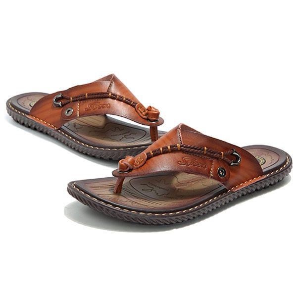 Sommer Mænd Lædersandaler Flip Flops Soft Sole Hjemmesko Strandsko