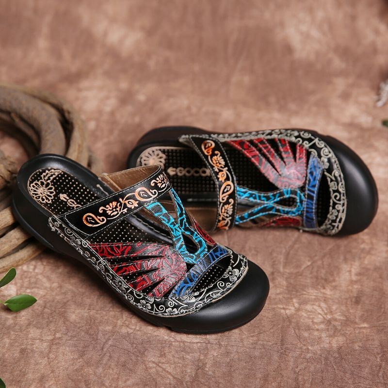 Vintage Læder Blomsterudskæring Til Kvinder Justerbar Rem Slip On Mules Clogs Flat Slides Sandaler