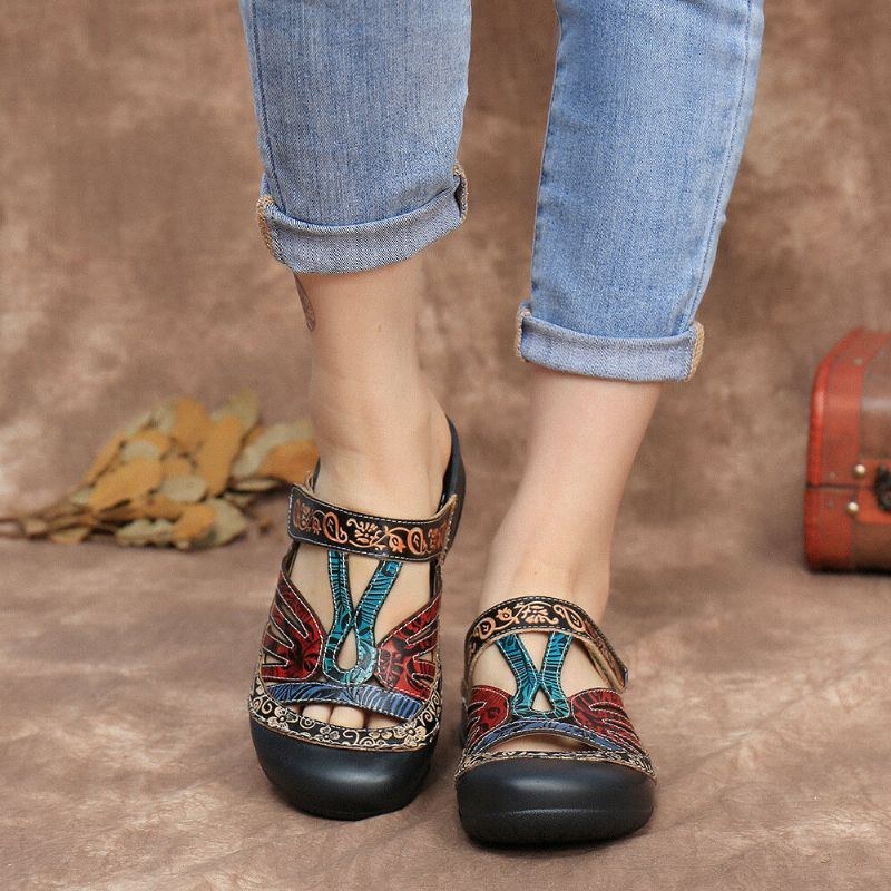 Vintage Læder Blomsterudskæring Til Kvinder Justerbar Rem Slip On Mules Clogs Flat Slides Sandaler