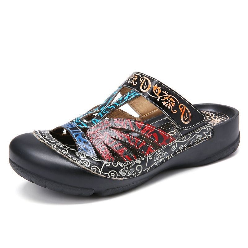 Vintage Læder Blomsterudskæring Til Kvinder Justerbar Rem Slip On Mules Clogs Flat Slides Sandaler