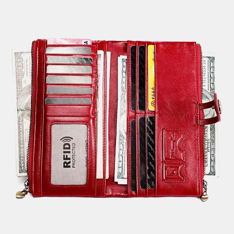 Dame Ægte Læder Antimagnetisk Multi-slots 14 Card Slots Lynlås Bifold Lang Tegnebog