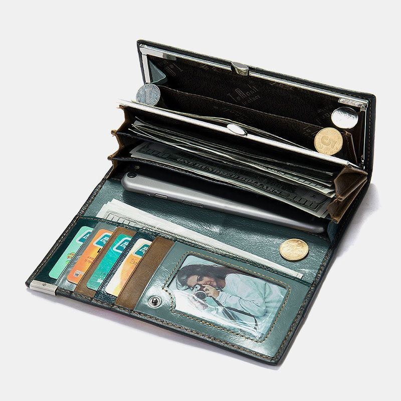 Dame Ægte Læder Bifold Farvet Geometrisk Mønster Multi-card Slot Card Case Pengeclips Møntpung Lange Clutch Tegnebøger