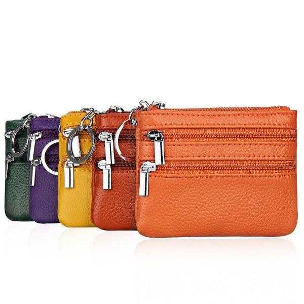Dame Ægte Læder Dobbelt Lynlås Kortholder Clutch Pung Candy Color Møntposer