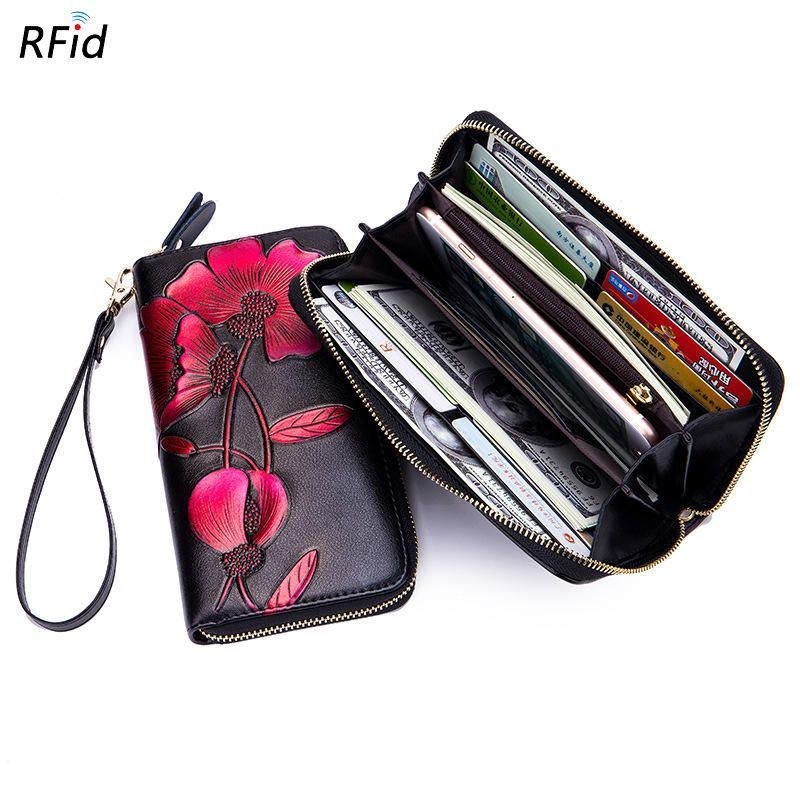 Dame Blokering Bohemian Floral Clutch Taske 8 Card Slots Møntpung Lang Pung