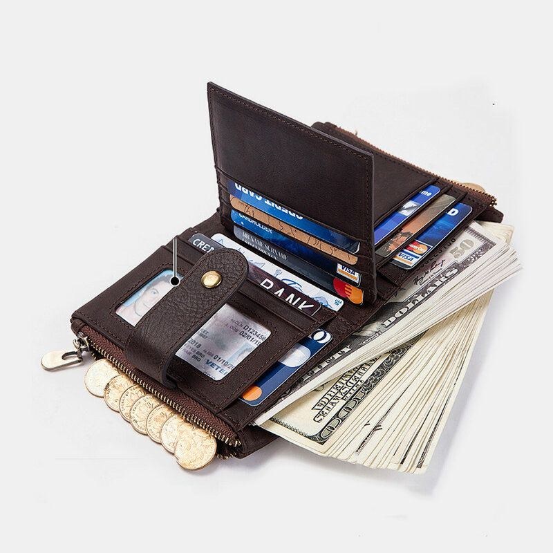Herre Ægte Læder Anti-magnetisk Multi Card Slot Ensfarvet Casual Lynlås Kortholder Pung Pung Med Kæde