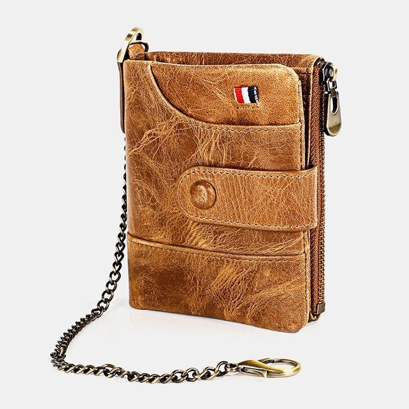 Herre Ægte Læder Dobbelt Lynlås Retro Business Casual Style Multi-lomme Ensfarvet Pung Med Kæde