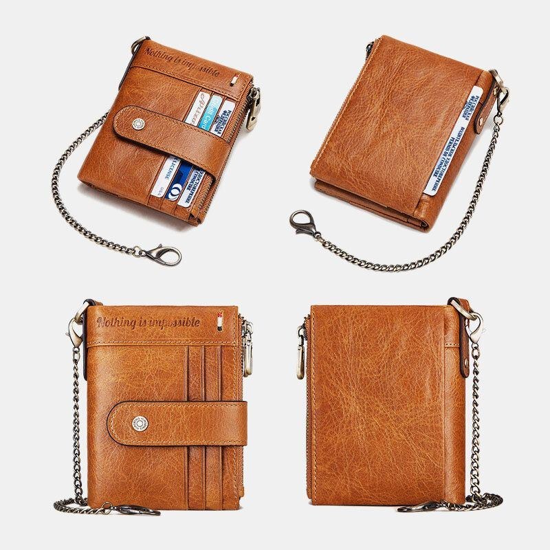 Herre Ægte Læder Kædepung Dobbelt Lynlås Anti-tyveri Multi-card Slot Card Holder Pung