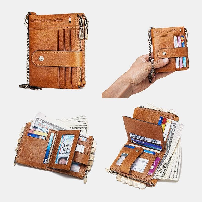 Herre Ægte Læder Kædepung Dobbelt Lynlås Anti-tyveri Multi-card Slot Card Holder Pung