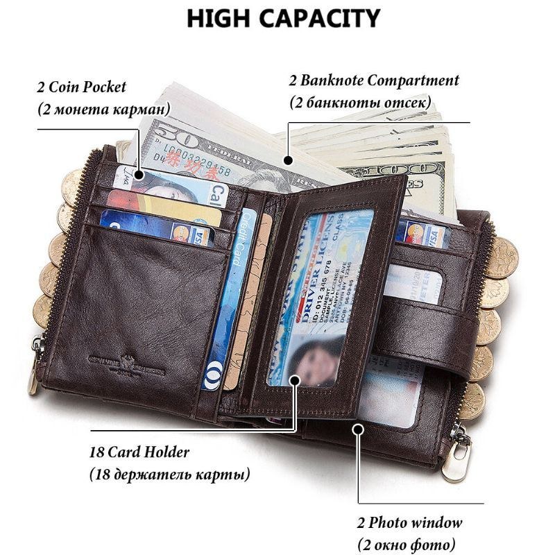 Herre Ægte Læder Kædepung Dobbelt Lynlås Anti-tyveri Multi-card Slot Card Holder Pung