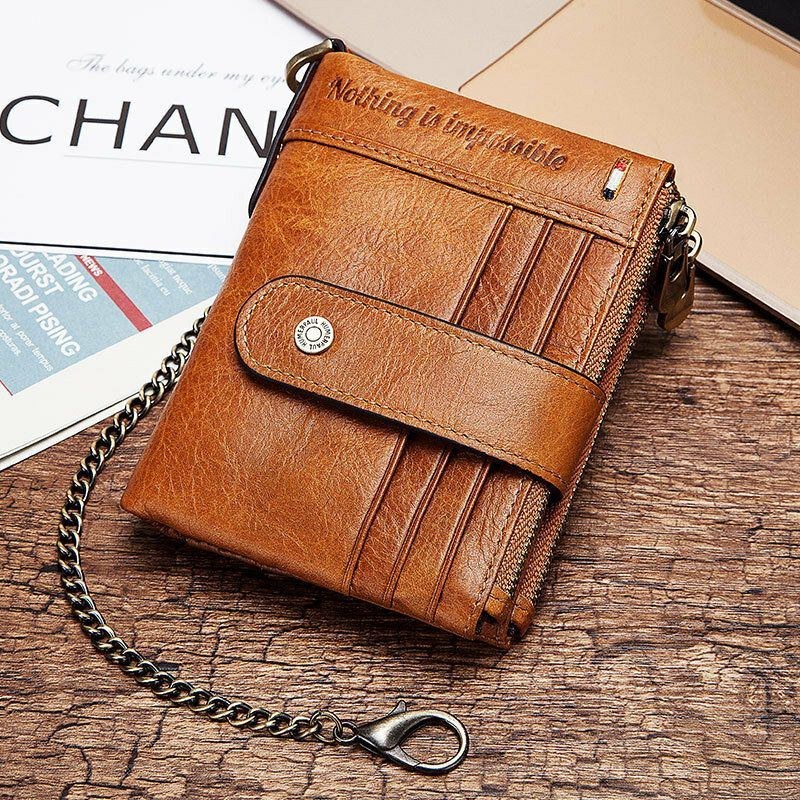 Herre Ægte Læder Kædepung Dobbelt Lynlås Anti-tyveri Multi-card Slot Card Holder Pung