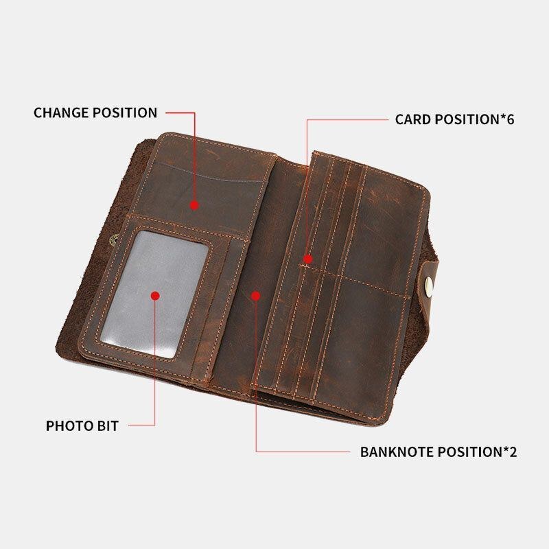 Herre Ægte Læder Lang Bifold 10 Card Slot Card Case Pengeclips Tegnebog