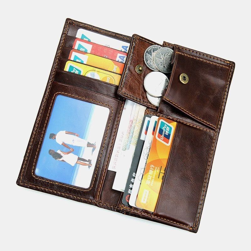 Herre Ægte Læder Lang Bifold Anti-magnetisk Tegnebog Multi-card Slot Card Case