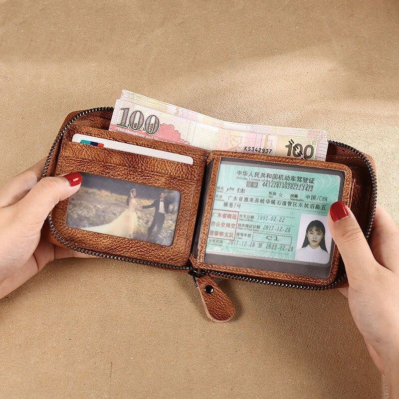 Herre Rub Farve Kort Anti-magnetisk 6 Card Slot Card Case Multifunktion Lynlås Pengeclips Kohud Kørekort Tegnebog
