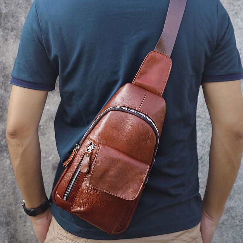 Herre Ægte Læder Blød Vandtæt Brysttaske Udendørs Sport Retro Stor Kapacitet Crossbody Tasker Skuldertaske