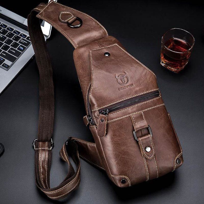 Herre Ægte Læder Multi-lomme Anti-tyveri Slidbestandig Vintage Casual Crossbody Taske Brysttaske
