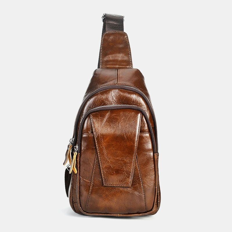 Herre Ægte Læder Ryg Tyverisikret Lynlåslomme Brysttaske Mode Casual Slidbestandig Crossbody-taske Skuldertaske