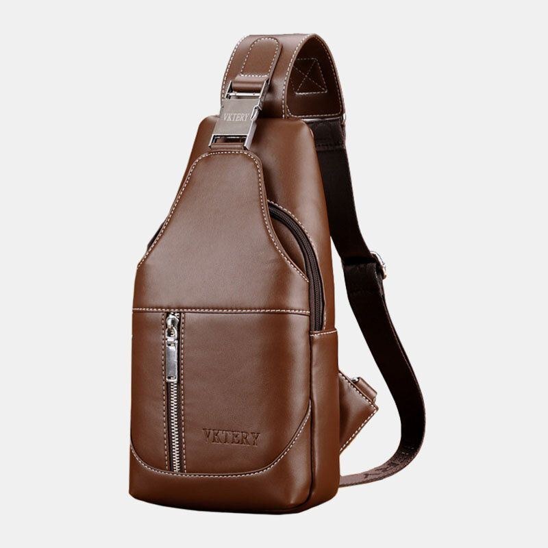 Herre Pu Læder Casual Multifunktions Øretelefon Hul Crossbody Taske Brysttaske