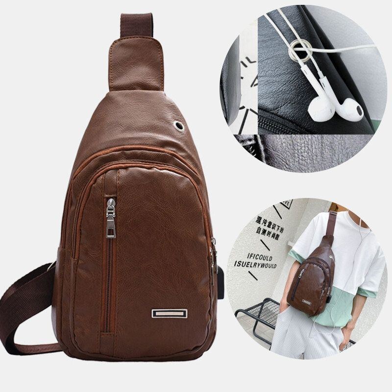 Herre Pu Læder Øretelefon Hul Multi-bære Vandtæt Crossbody Taske Bryst Taske Sling Bag