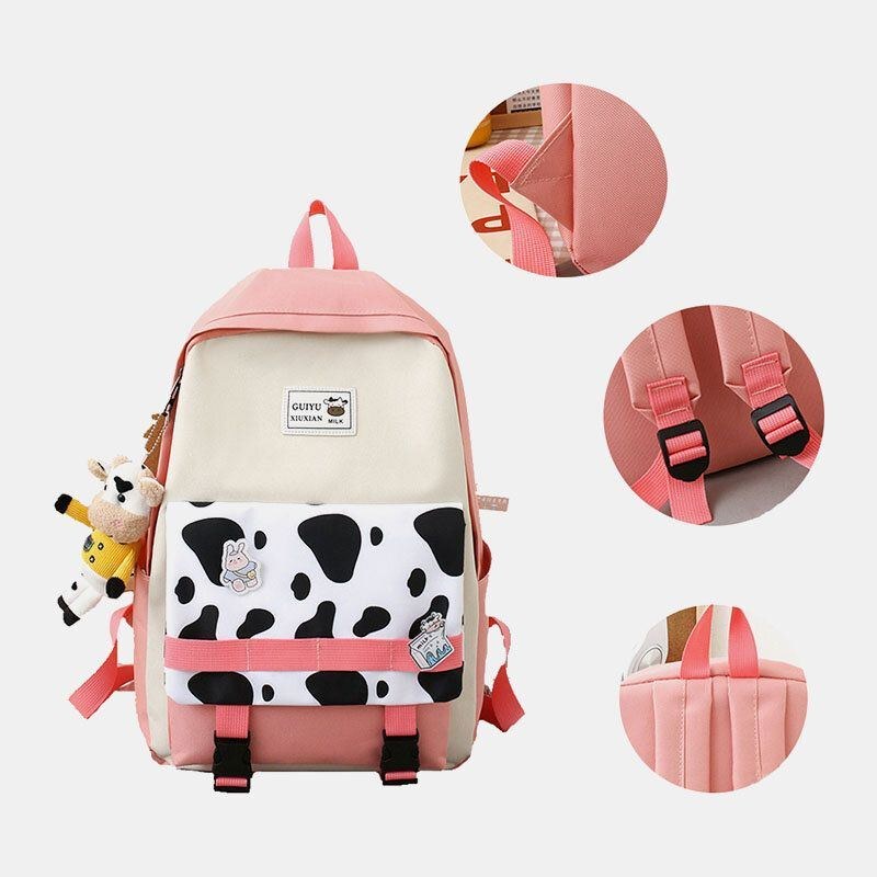 Dame 5 Stk Canvas Preppy Cow Mønster Multifunktions Kombinationstaske Rygsæk Tote Crossbody Taske Clutch Tegnebog