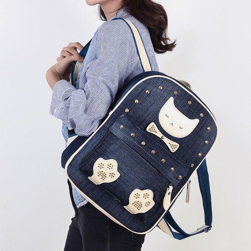Dame Canvas Cute Cat Print Patchwork Casual Rygsæk Skoletaske