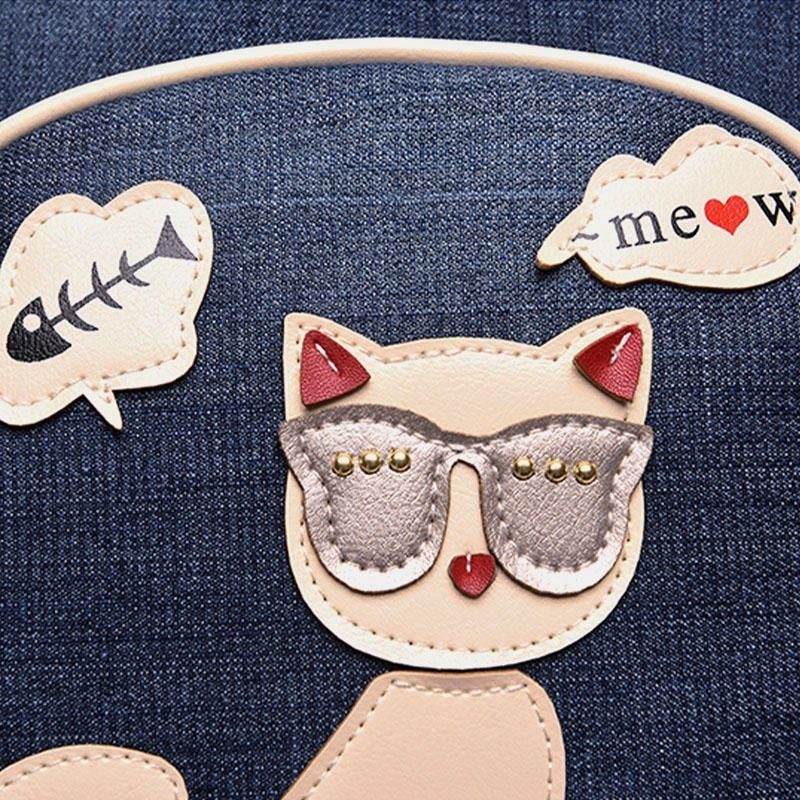 Dame Canvas Cute Cat Print Patchwork Casual Rygsæk Skoletaske