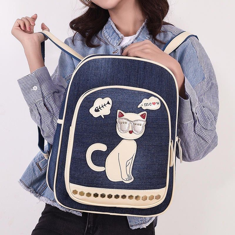 Dame Canvas Cute Cat Print Patchwork Casual Rygsæk Skoletaske