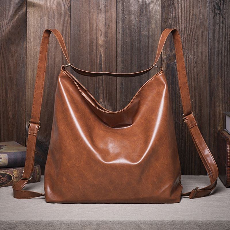 Dame Olievoks Læder Stor Kapacitet Rygsæk Skuldertaske Crossbody Taske Pung Pusletaske Hobo Bag Hobo Bag