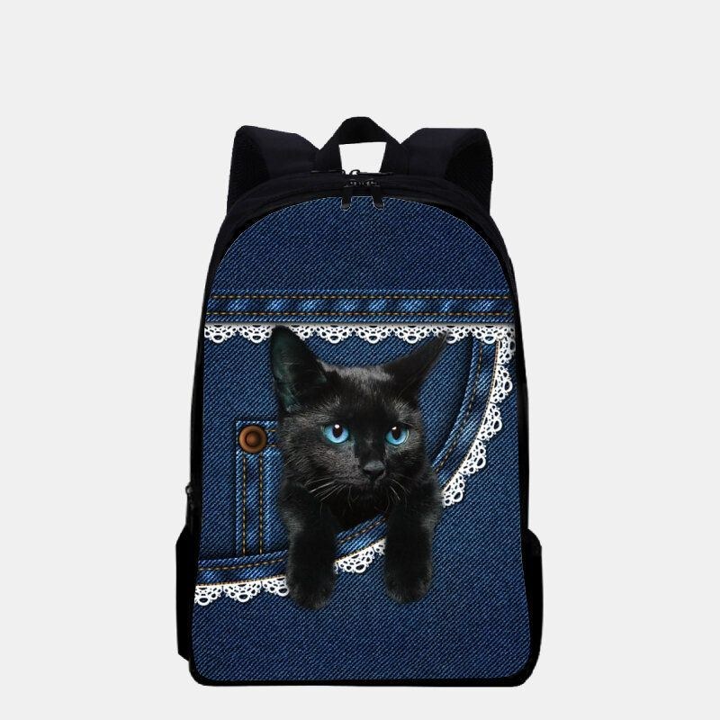 Dame Oxford Cloth Cat Printing Stor Kapacitet Skoletaske Rygsæk