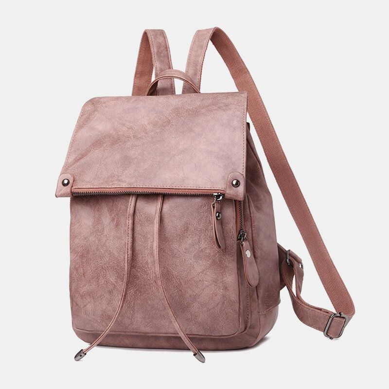 Dame Pu Læder Multi-lommer Indvendig Magnetisk Knap Rygsæk Vintage Enkel Snøre Hasp Laptop Taske
