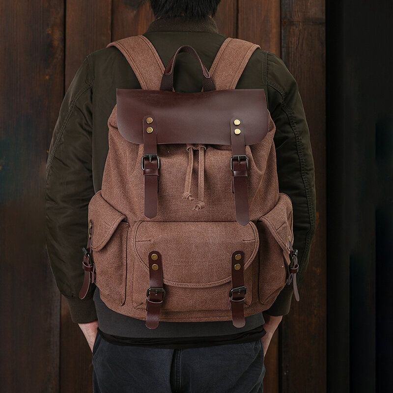 Herre Oil Wax Canvas Casual Vandtæt Multi-pocket Rygsæk Stor Kapacitet 15.6 Tommer Laptop Taske Skuldertaske