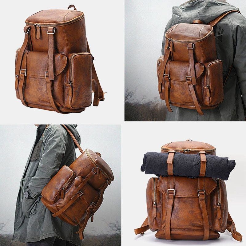 Herre Pu Læder Vintage Business Style Ensfarvet Multi-lomme 15 Tommer Laptop Taske Rejsetaske Rygsæk