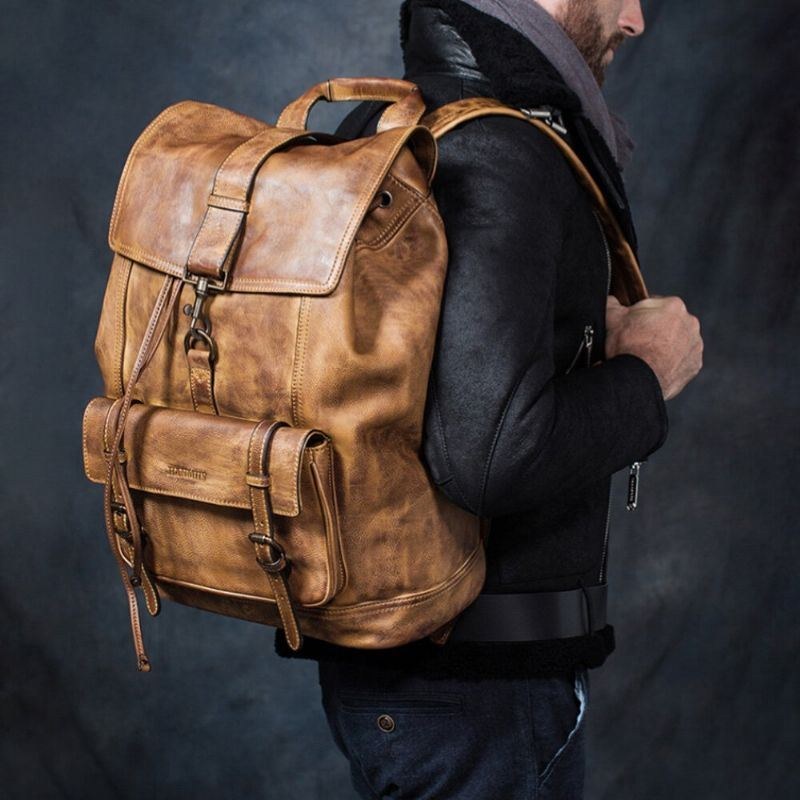 Herre Vintage Multifunktionel Rub Farve Kunstpels Stor Kapacitet Multi-lommer Casual Rygsække Håndtaske