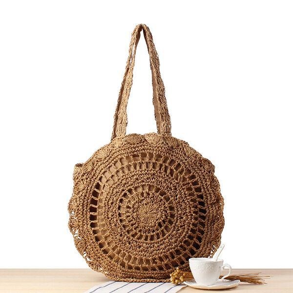 Casual Straw Hollow Out Rund Bag Skuldertaske Til Kvinder