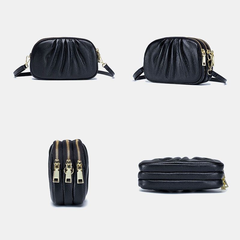 Dame Ægte Læder 3 Lynlåslomme Fold Design Crossbody Taske